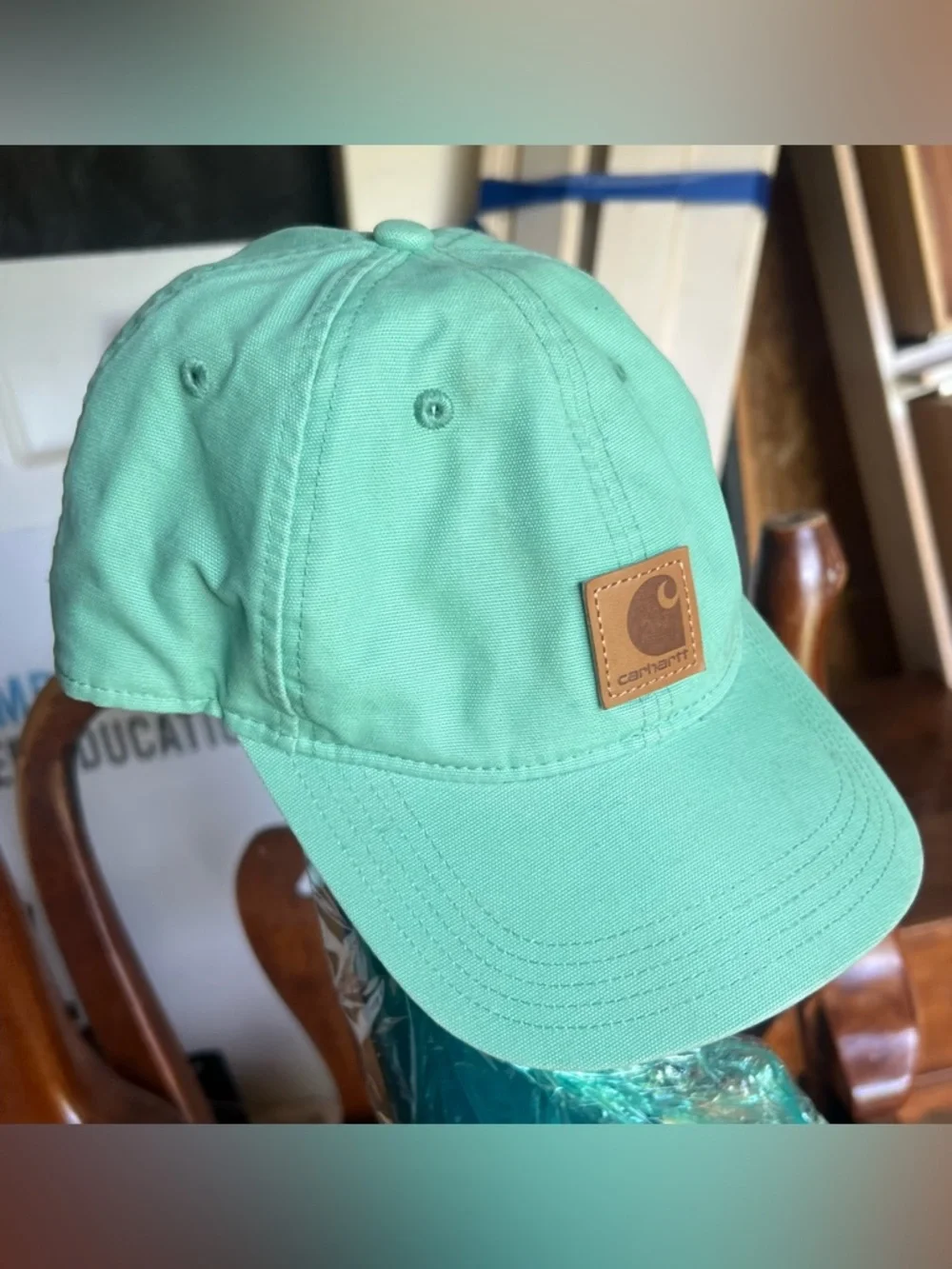 Carhartt Seafoam Green Canvas Baseball Hat Classic Brown Patch Adjustable Velcro